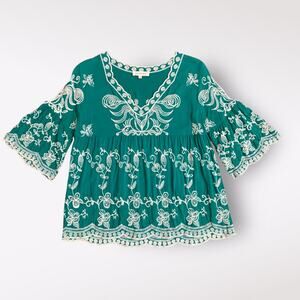 Solitaire Boho Emerald Green Embroidered Floral Cold Shoulder Top‎ Size M Boho